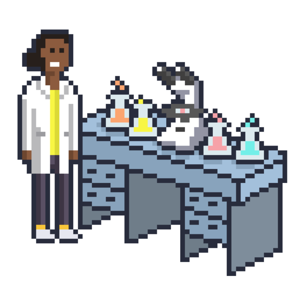 Researcher next to a lab table